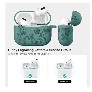 BRAND NEW Green Floral Silicone Case for AirPods Pro 2nd/1st Gen & Cleaning Tool